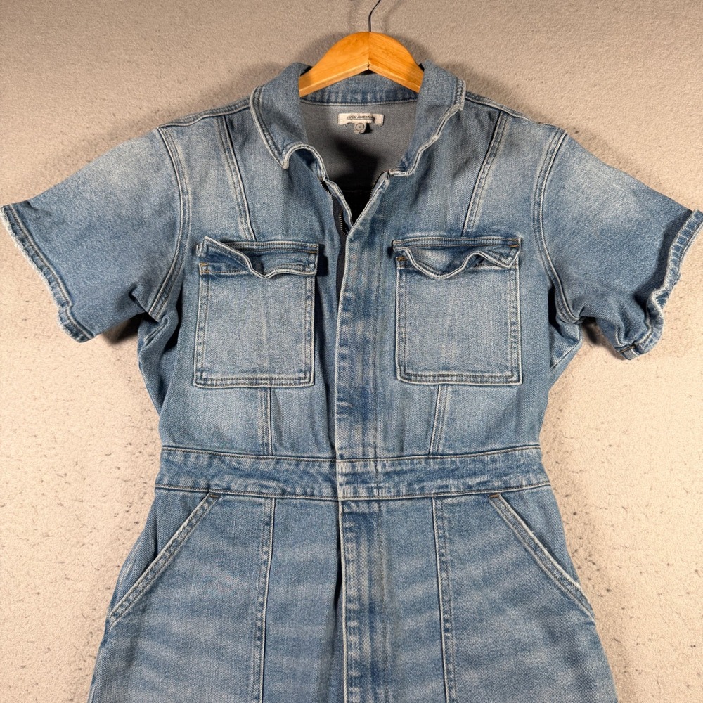 Good American Denim Utility Jumpsuit Light Wash‎ Short Sleeve Zip Front Size 4